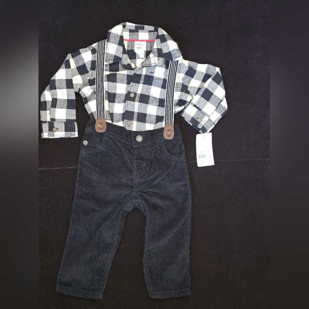 NWT Carter's Black and White Plaid Shirt Onesie And Corduroy Suspender Pants
